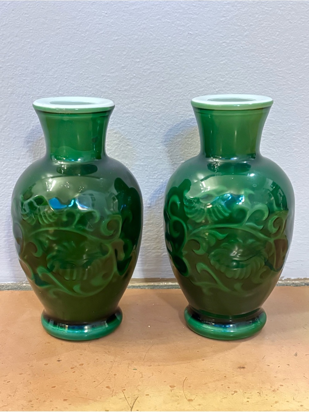 1890’s Avon Green Gloss Embossed Glass Vase Pair